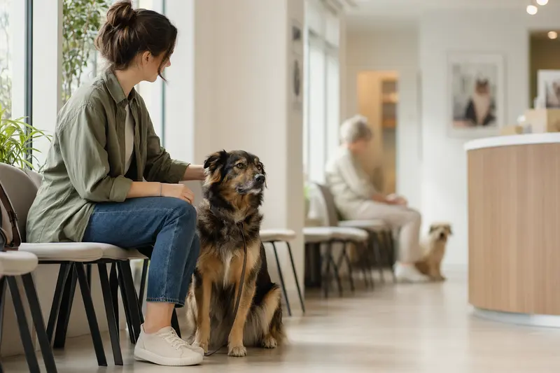 Ein Björnhund sitzt ruhig neben seinem Besitzer im hellen Wartezimmer einer modernen Tierarztpraxis.